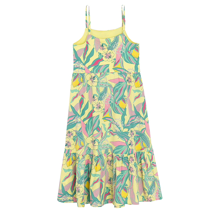 Yellow strap summer dress with tropical leaves print