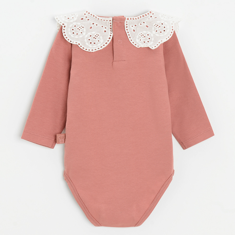 Pink long sleeve bodysuit with white collar