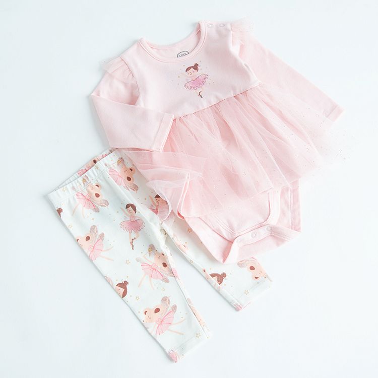 Pink long sleeve bodysuit with a skirt and leggings with ballerinas print set