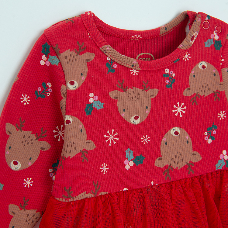 Red long sleeve dress bodysuit with raindeer festive print