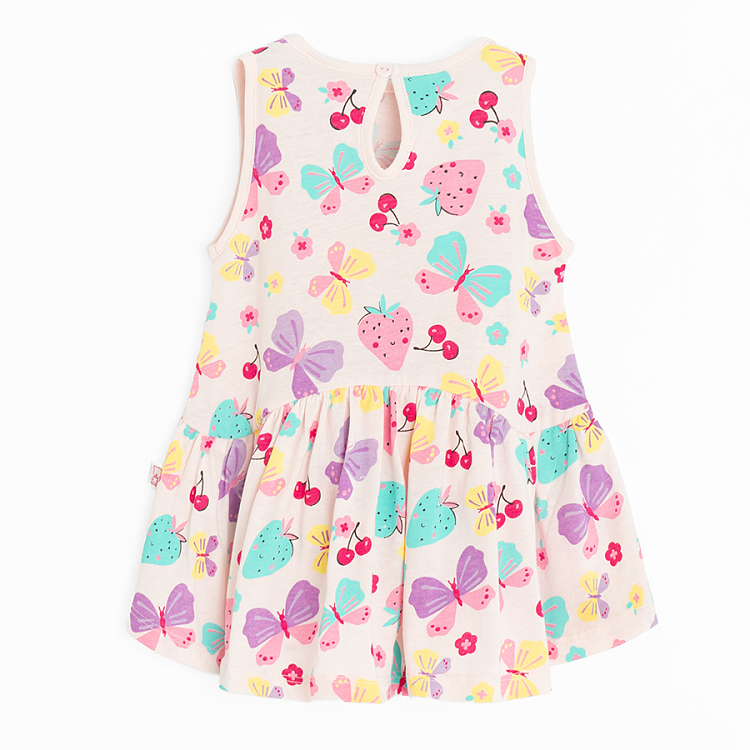 Pink sleeveless dress with strawberries, cherries and butterflies prints