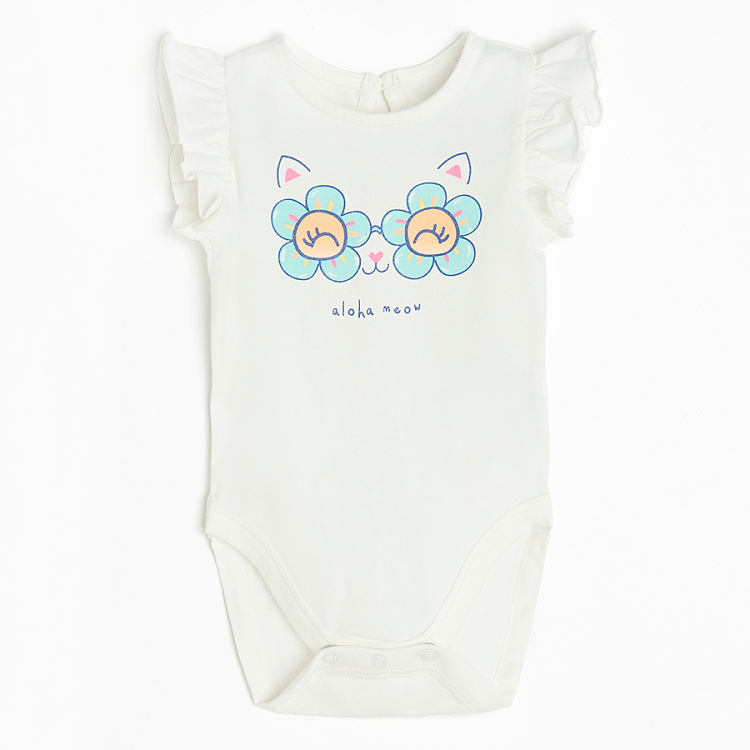 White sleeveless bodysuit with kitten with glasses print and orange shorts