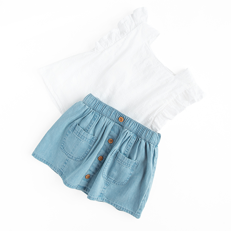 White blouse and denim skirt with brief attached- 2 pieces