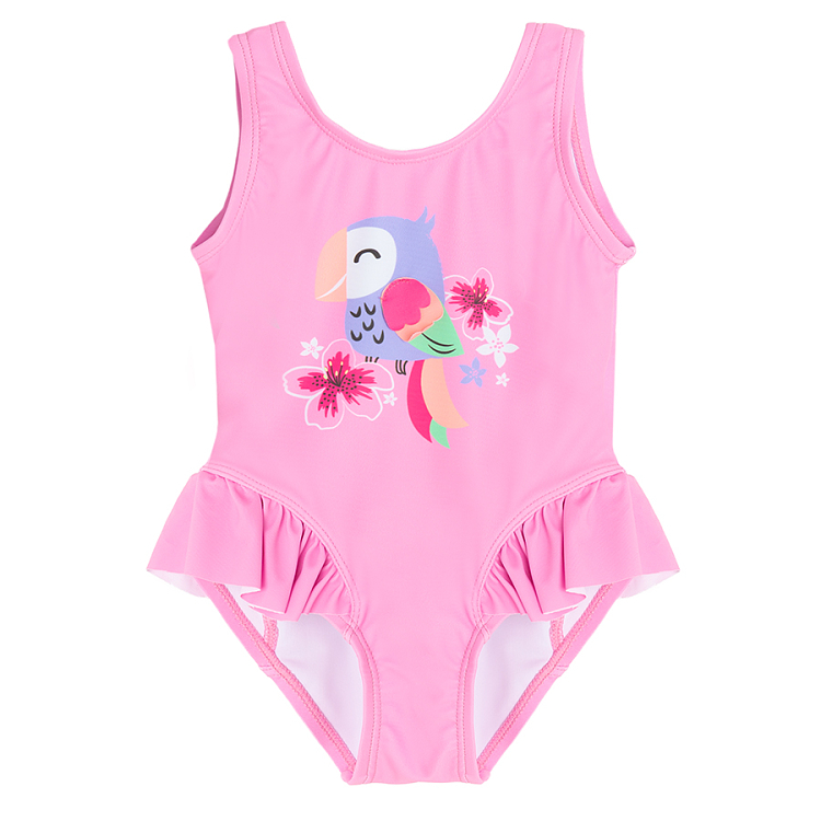 Pink bathing suit with parrot print