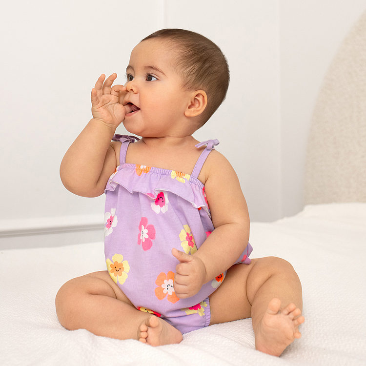 Purple sleeveless bodysuit with flowers print