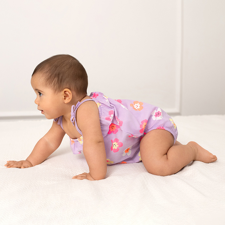 Purple sleeveless bodysuit with flowers print