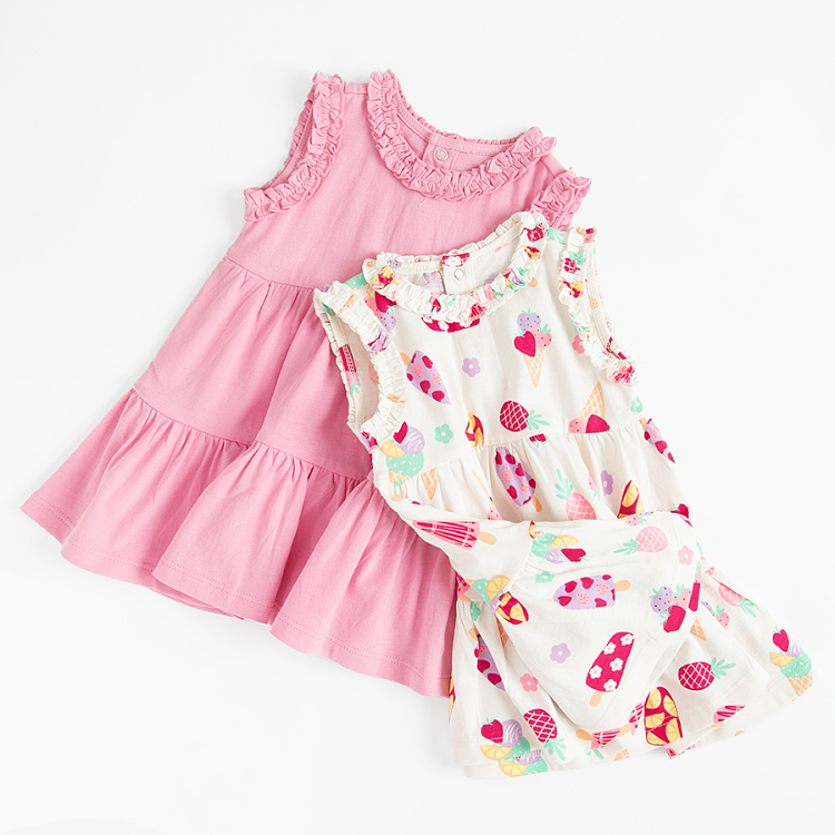 Pink and white sleeveless dresses with ice cream print- 2 pack