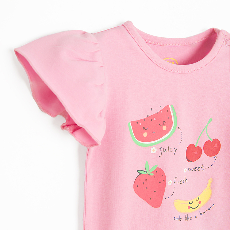 Pink short sleeve bodysuit with ruffles on sleeves and fruit print