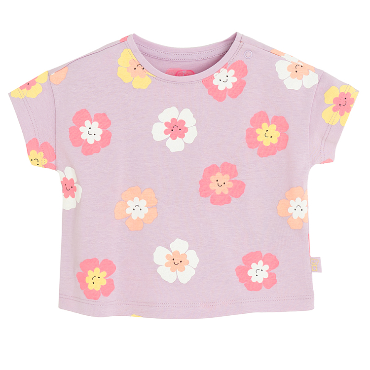 Violet with flower pint T-shirt and shorts set- 2 pieces