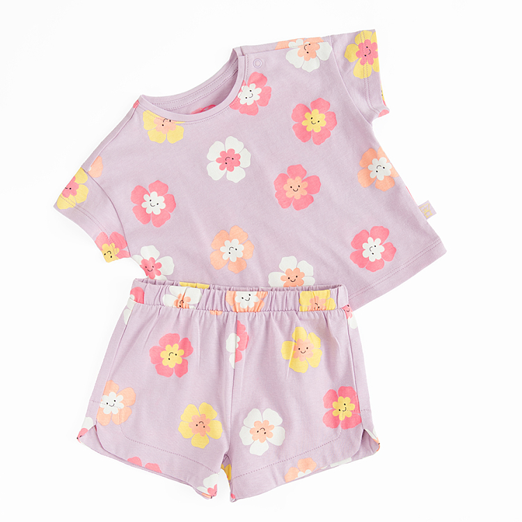 Violet with flower pint T-shirt and shorts set- 2 pieces