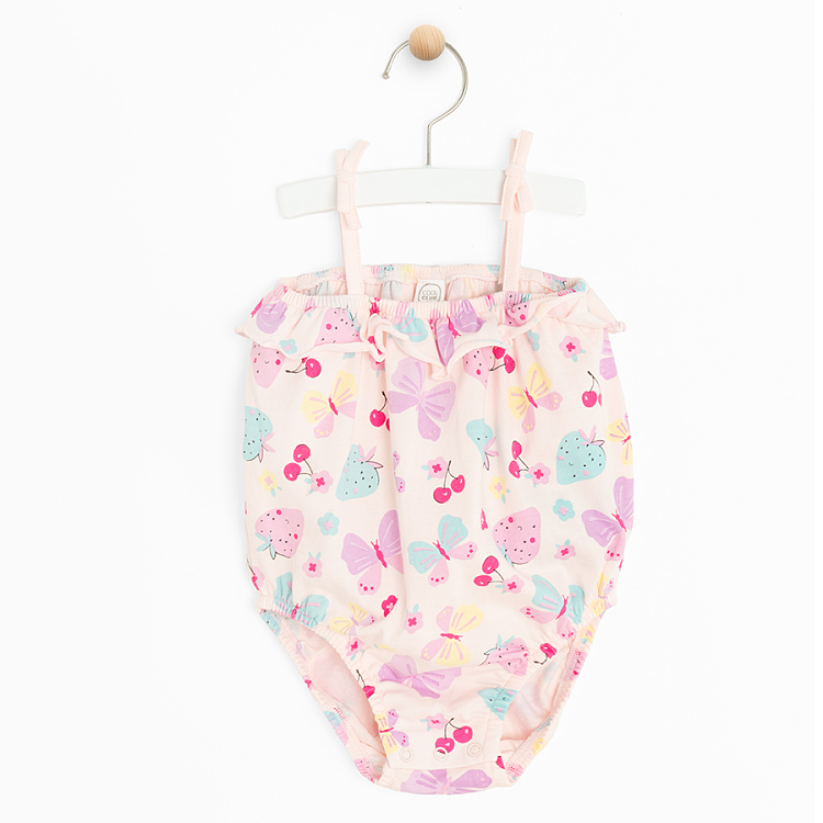 Pink sleeveless bodysuit with fruits and butteflies print