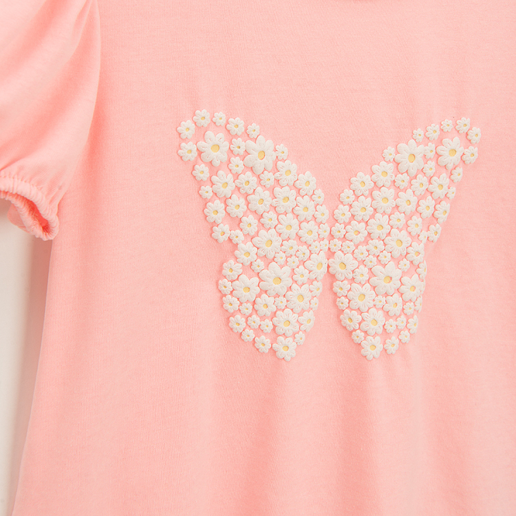 Pink short sleeve blouse with puffy sleeves and butterfly print