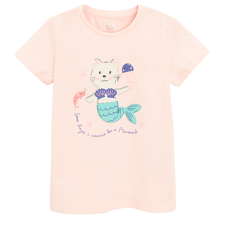 Pink T-shirt with cat mermaid print