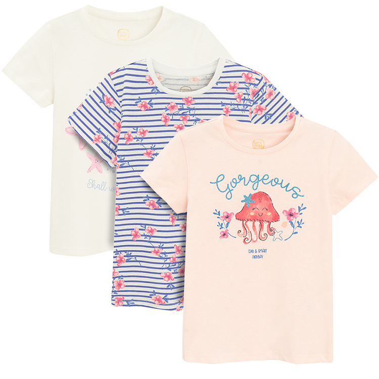 White and pink T-shirts with sea world prints and striped floral- 3 pack