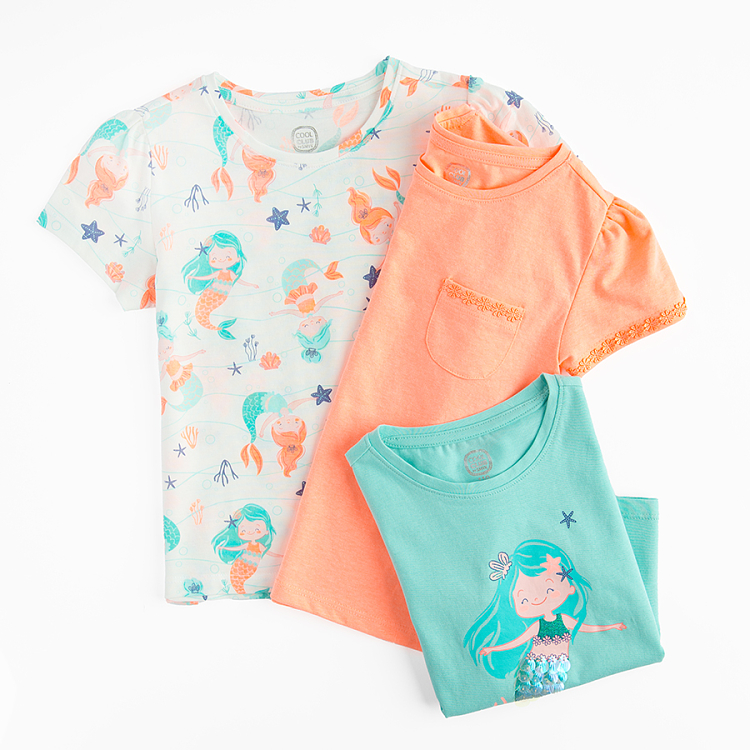 Turquose and peach T-shirts with mermaids print and peach T-shirt- 3 pack