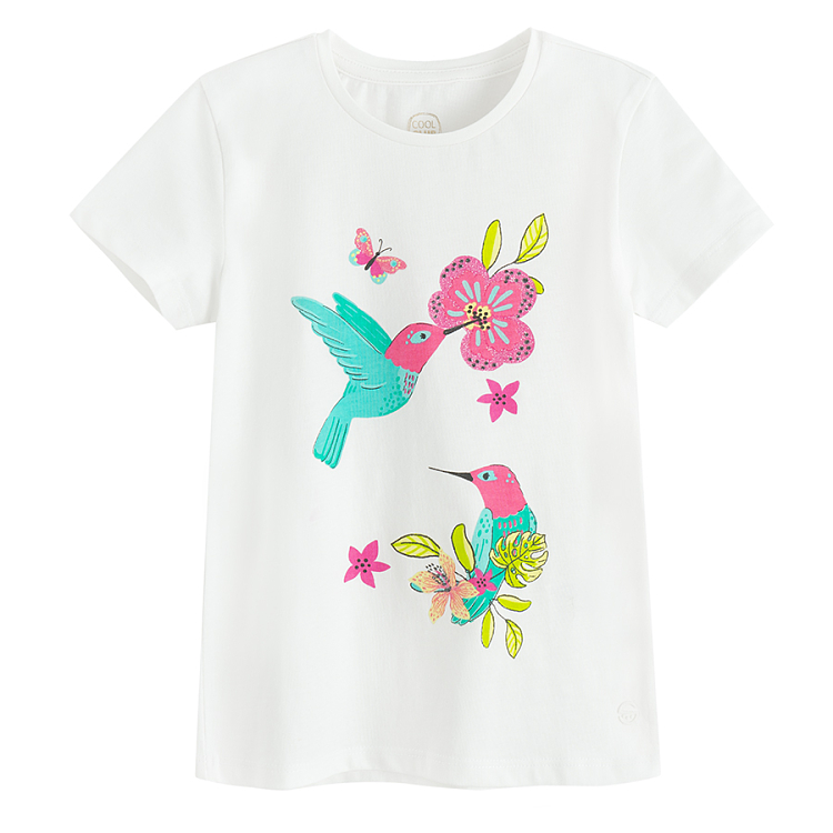 White T-shirt with birds and flowers print