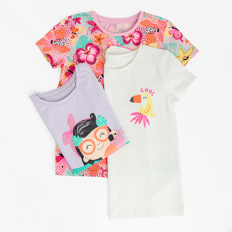 White with parrot, purple with girl and parrot and floral T-shirts - 3 pack