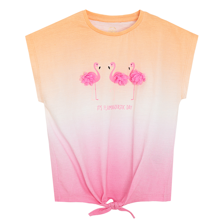 Short sleeve T-shirt with knot and flamingos print