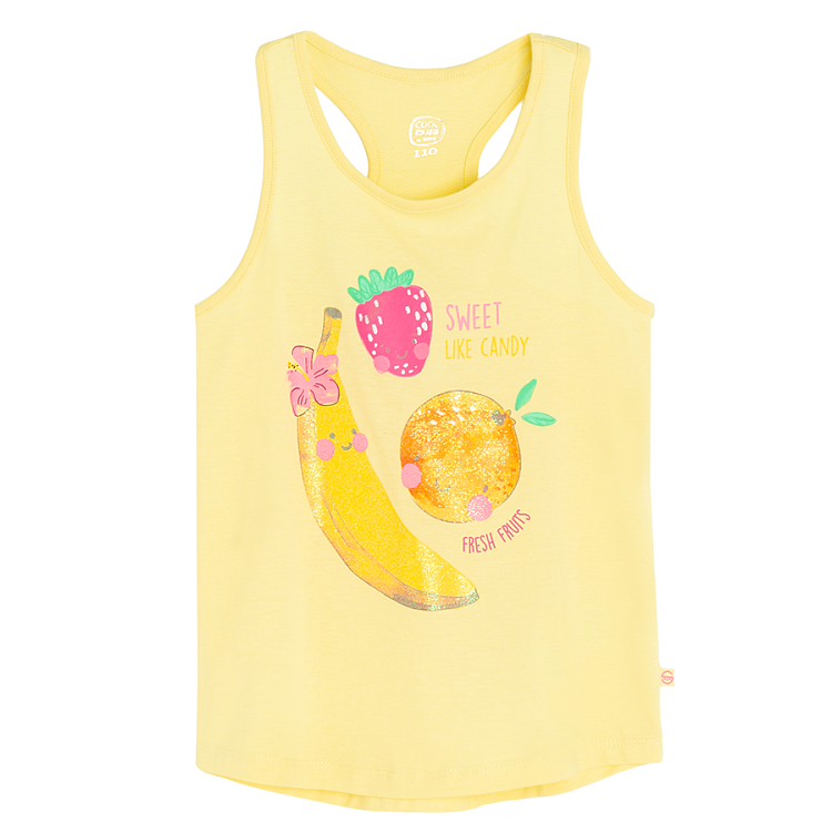 Yellow sleeveless T-shirt with summer fruit print