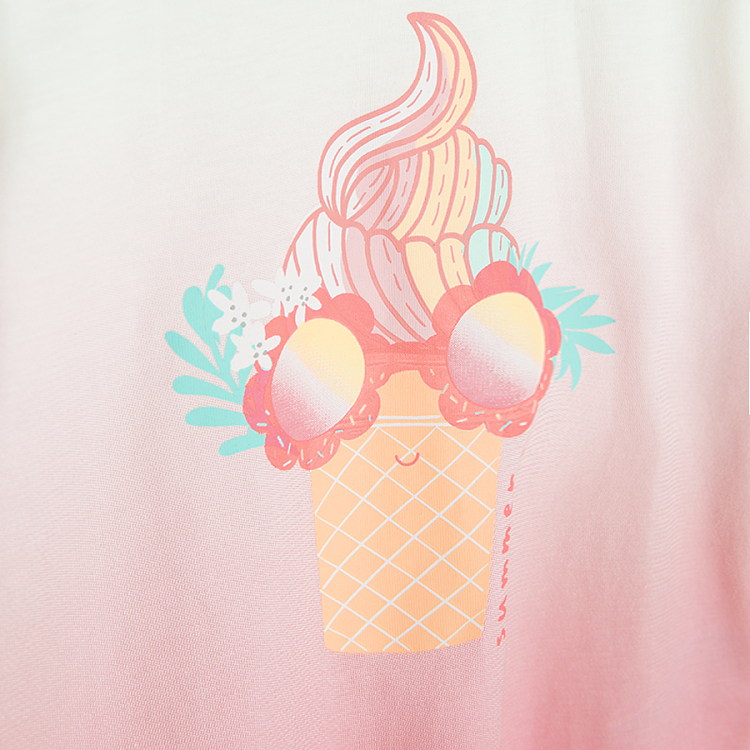 White and pink T-shirt with ice-cream with sunglasses print