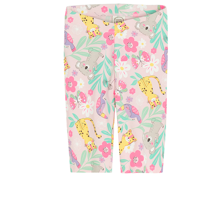 Pink plain, floral and with jungle animals print leggings- 3 pack