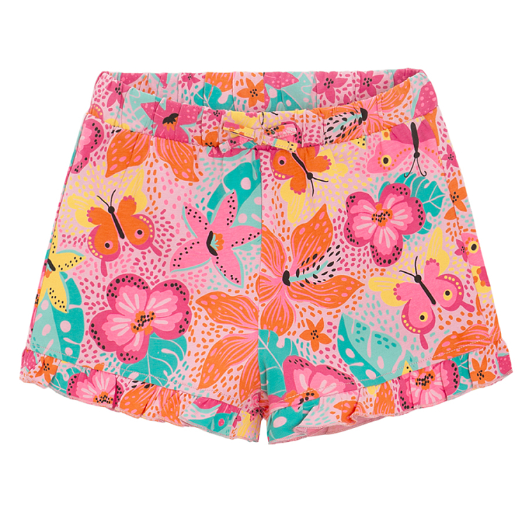 Orange and pink flowers and butterflies print shorts with ruffles- 2 pack