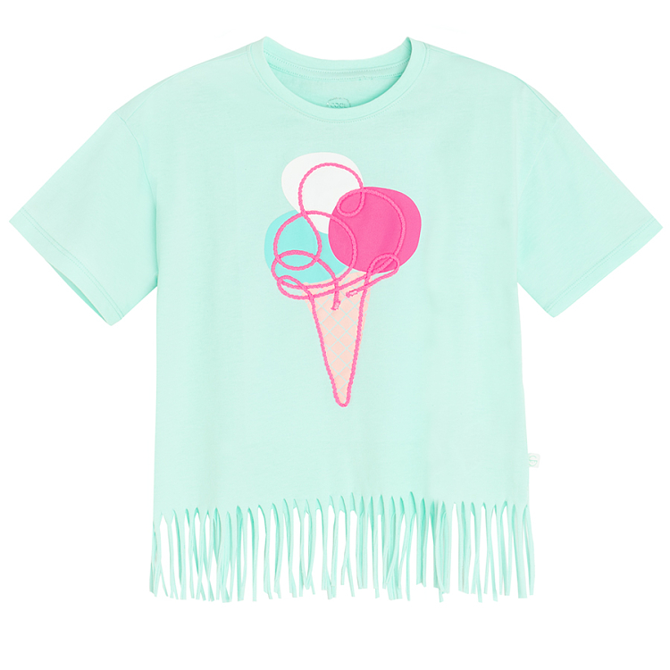 Turquoise T-shirt with ice-cream print and fringes