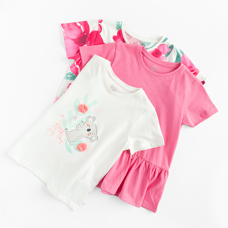 White and pink T-shirts with flowers and animal print- 3 pack