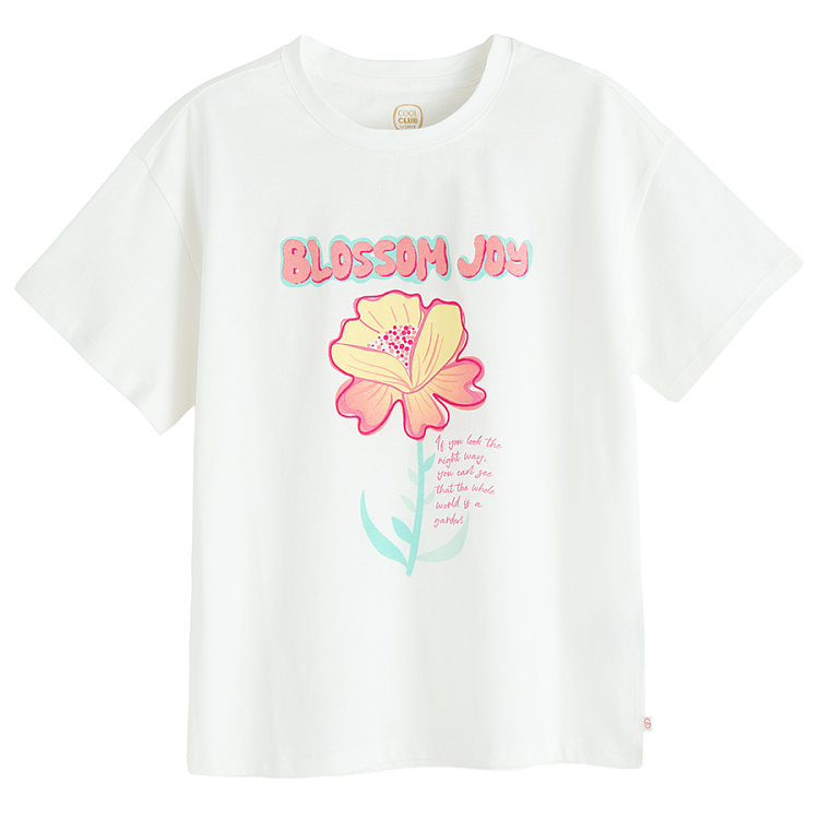 White drop shoulder T-shirt with flower and Blossom Joy print