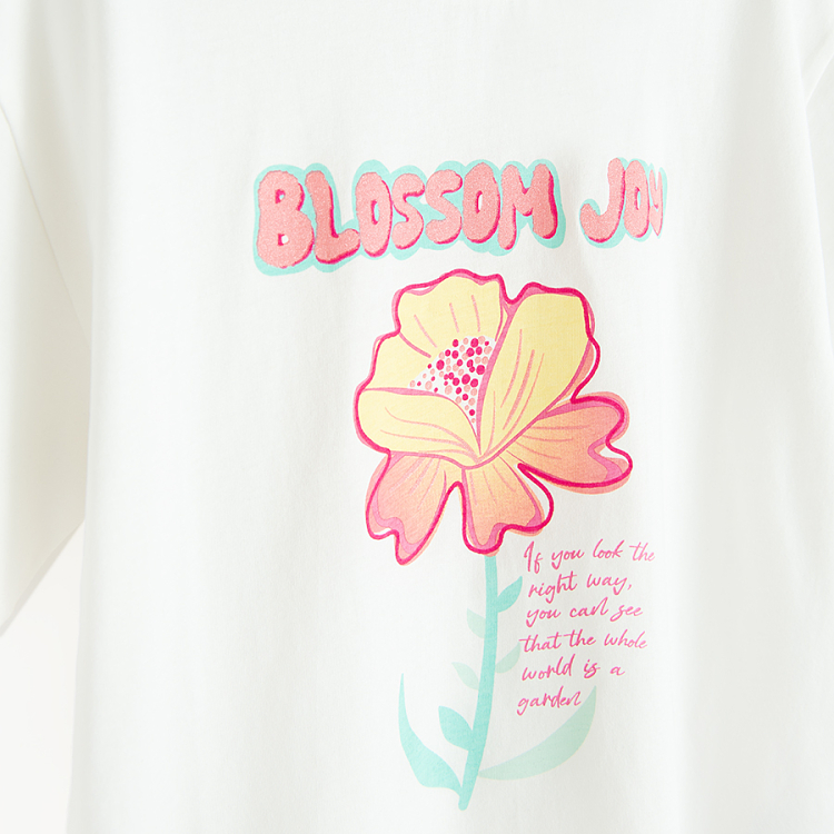 White drop shoulder T-shirt with flower and Blossom Joy print