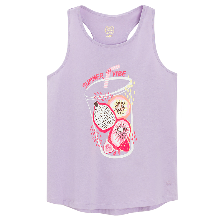 Purple sleeveless T-shirt with exotic fruit print