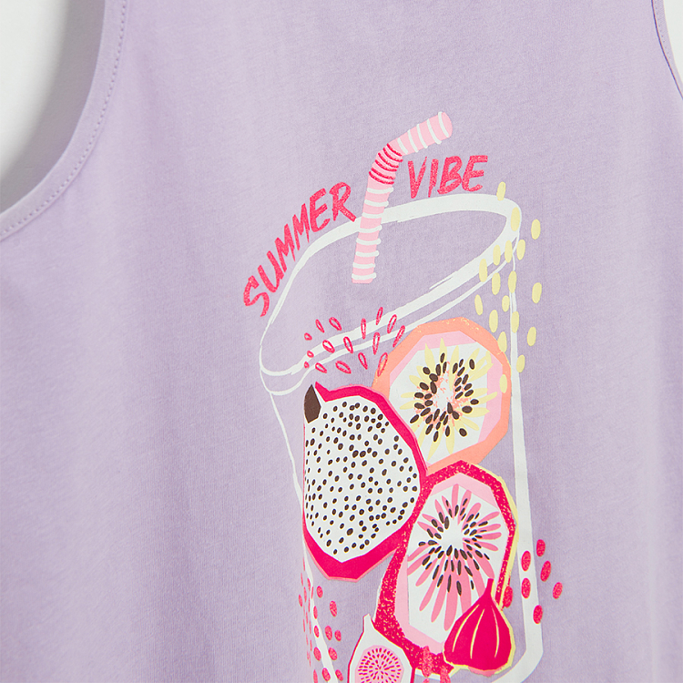 Purple sleeveless T-shirt with exotic fruit print