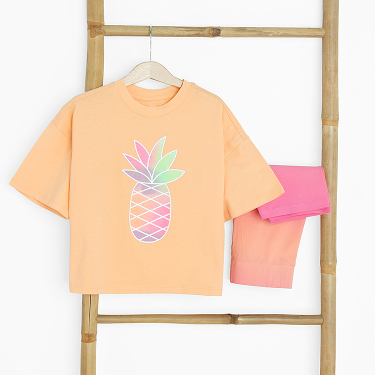 Orange T-shirt with pineapple print and short leggings - 2 pieces