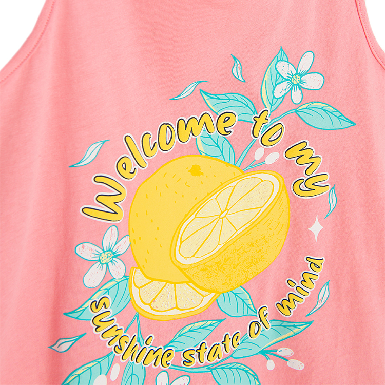 Pink sleeveless T-shirt with lemons and Welcome to my Sunshine State of Mind print