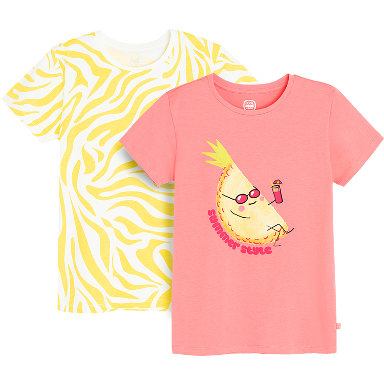 Yellow and white and pink with pineapple print T-shirts- 2 pack