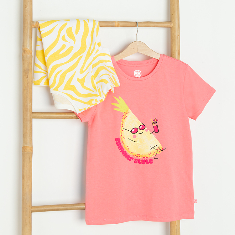 Yellow and white and pink with pineapple print T-shirts- 2 pack