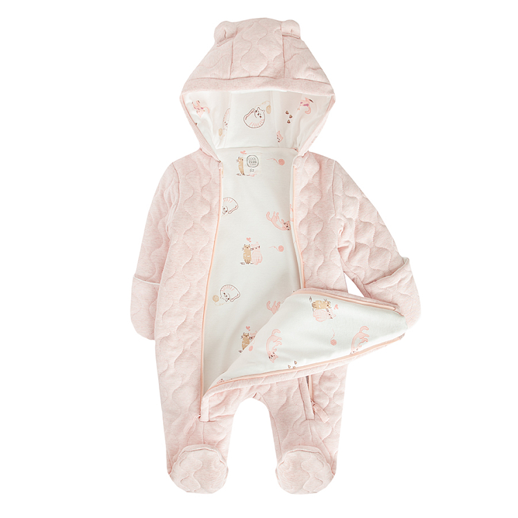 Pink hooded footed pramsuit with kitten print