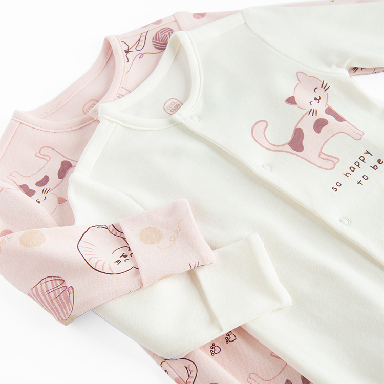 White and pink footed overalls with kitten print- 2 pack