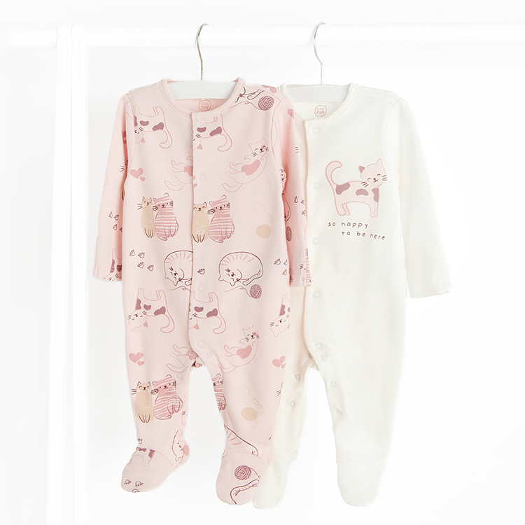 White and pink footed overalls with kitten print- 2 pack