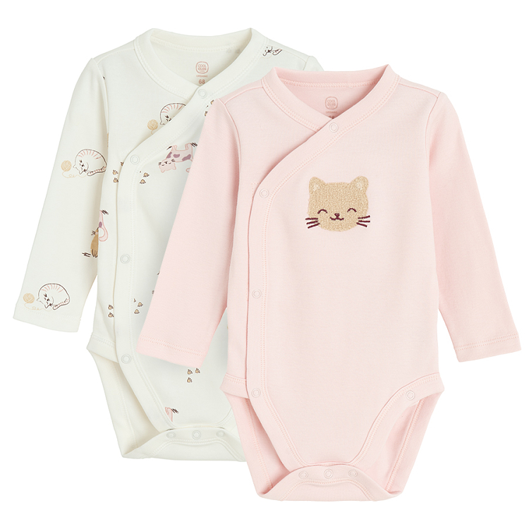 White and pink long sleeve bodysuits with kitten print- 2 pack