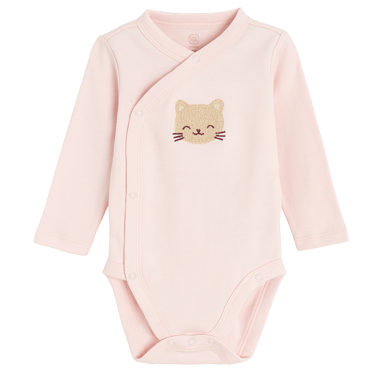 White and pink long sleeve bodysuits with kitten print- 2 pack