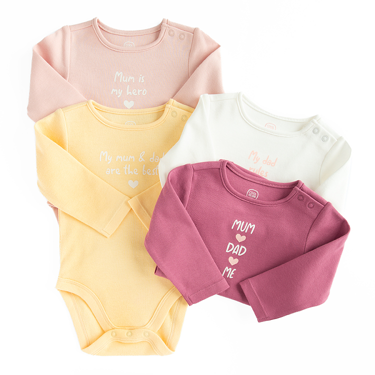 Red, pink, ecru and yellow long sleeve bodysuits- 4 pack