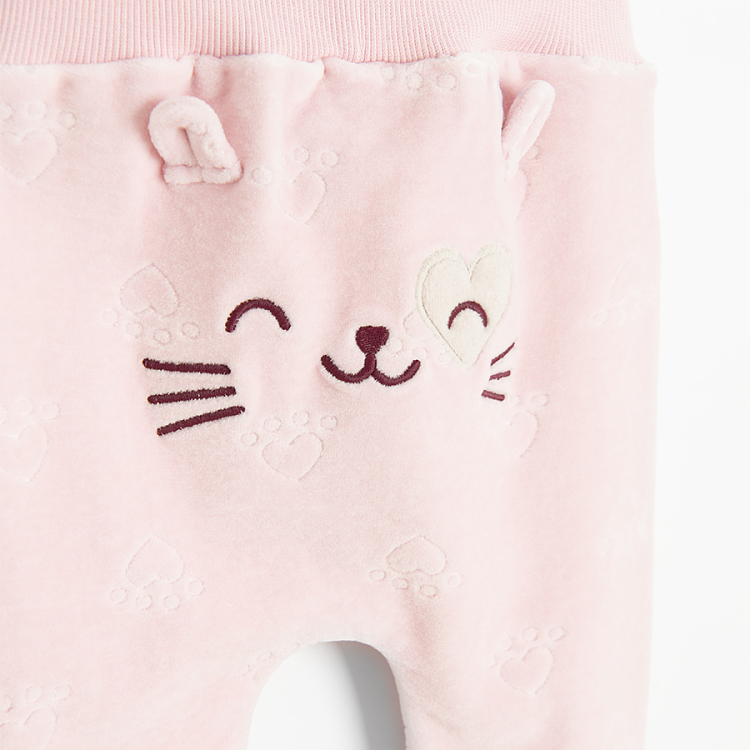 Pink footless leggings with elastic waist and kitten and footprints print