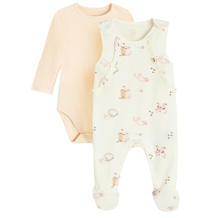 Ecru long sleeve bodysuit and footed overall with kittens print- 2 pieces