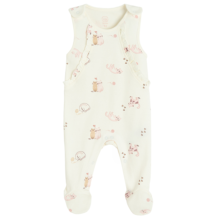 Ecru long sleeve bodysuit and footed overall with kittens print- 2 pieces