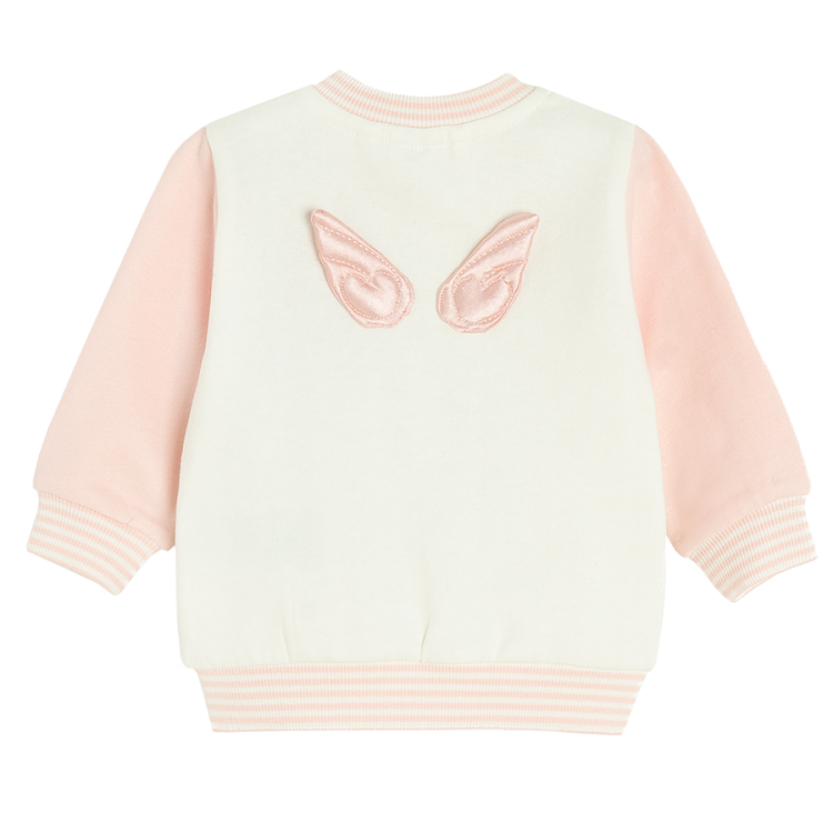 White and pink buttons sweatshirt with B print on the chest and angels wings on the back