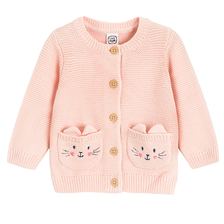 Pink button down jacket with bunnies on the side pockets