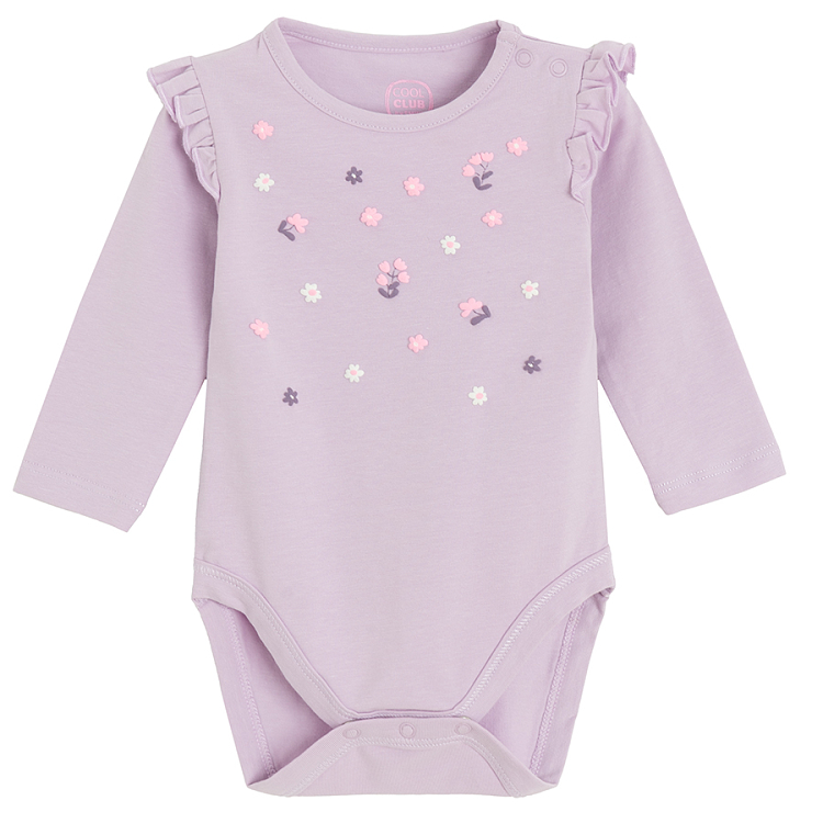 White with bunnies print and purple with flowers applique long sleeve bodysuits- 2 pack