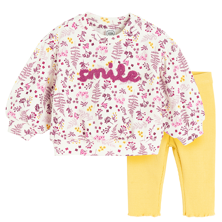 Floral sweatshirt with SMILE print and yellow pants set- 2 pieces