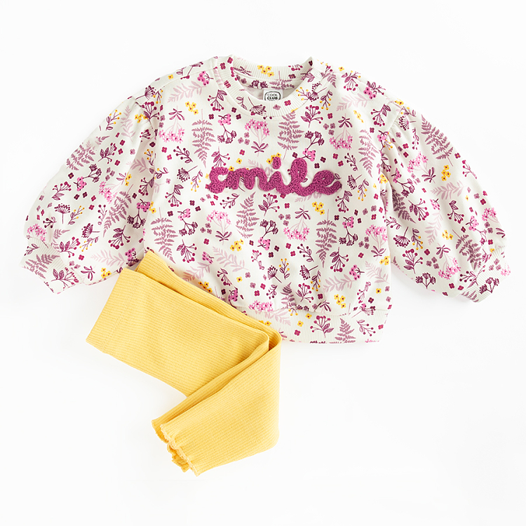 Floral sweatshirt with SMILE print and yellow pants set- 2 pieces